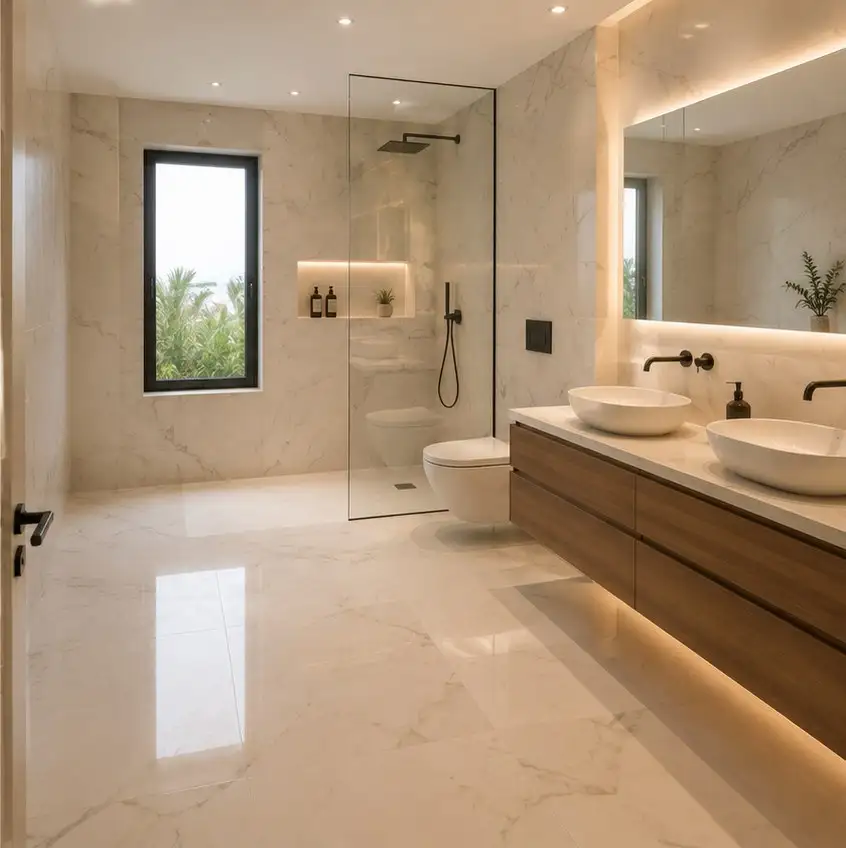 Baño con acabado en mármol después de la reforma
